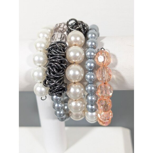 Pink Gray Faux Pearl Beaded Coil Bracelet Gray Metal Chain Wide 7.5" - Picture 1 of 9